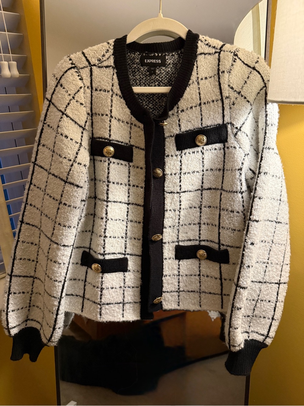 Express Black & White Tweed Grid Cardigan Blazer with Gold Buttons